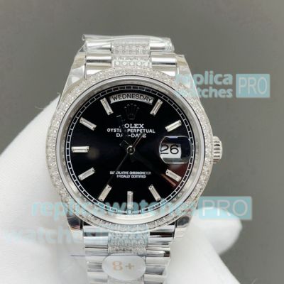 8+ Factory Swiss Copy Rolex President Day-Date 36 Gain Weight Watch Black Face Diamond Bracelet 